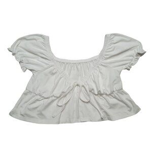 Effordram‎ Crop Top Womens Medium White Ruffle Front Tie V Neck Stretch